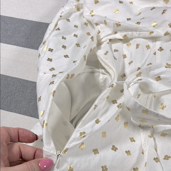 Boden Womens Linen Dress White Gold Print V Neck Belted 3/4 Sleeve Petite 6P - Picture 12 of 12